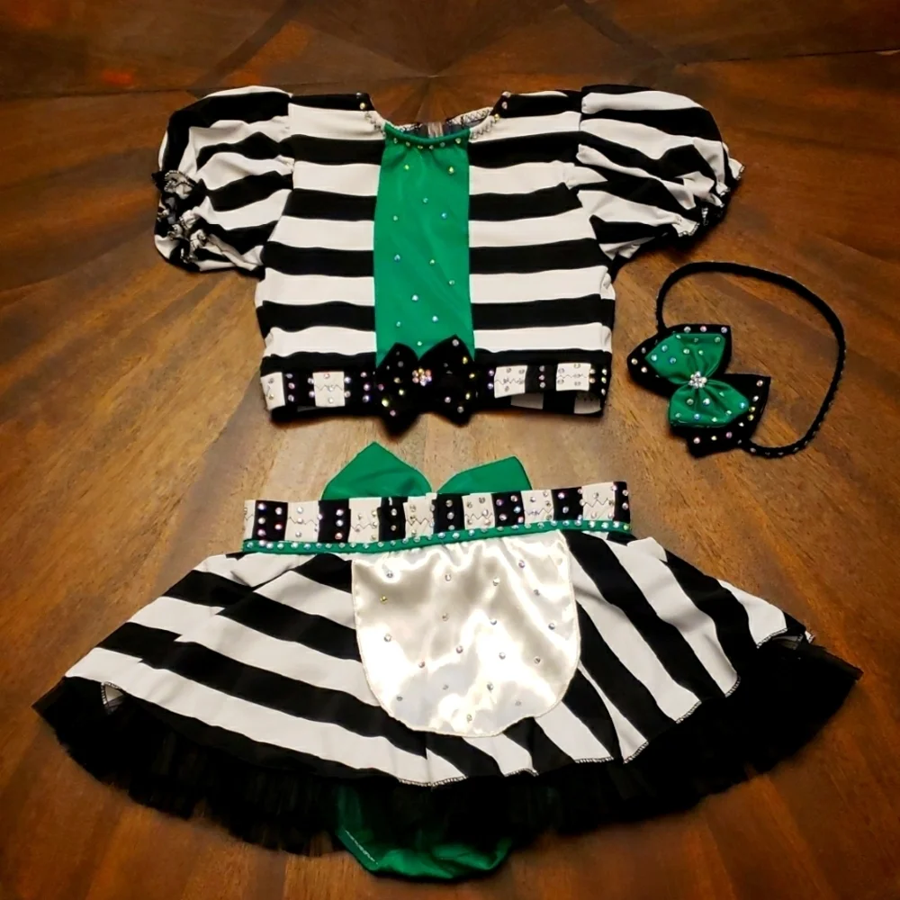 Striped Black and White Kids Dance Costume Rhinestones Beetlejuice Waistress